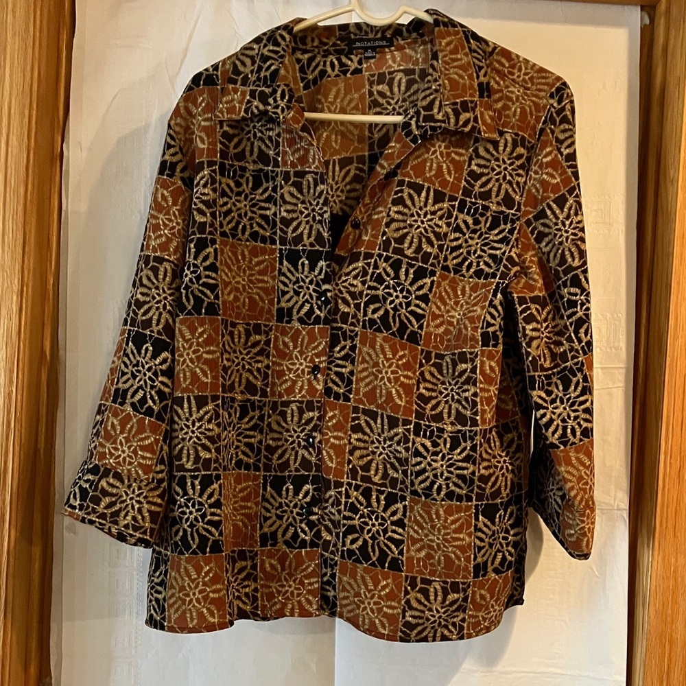Womans Vintage Notations Mock Twin Sz XL Button Down Earth Tones Long Sleeve Top